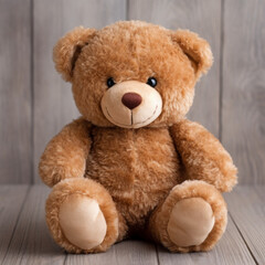 Obraz premium Cute Brown Teddy Bear on Wooden Background - Perfect for Children's Rooms and Gifts