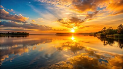 Fototapeta premium Sun setting on the horizon casting a golden glow over a tranquil lake , sunset, horizon, sun, reflection, water, serene, peaceful