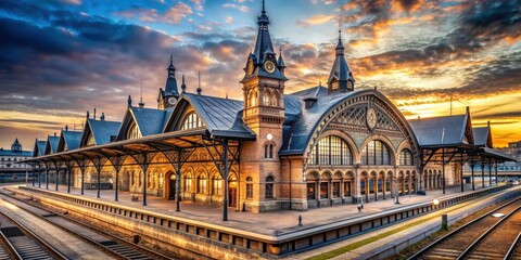 Obraz premium Historic train station with impressive Gothic architecture and bustling atmosphere