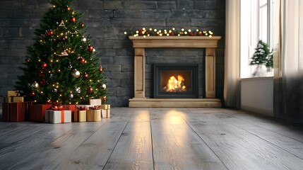 Holiday able with christmas tree and fireplace with copy space