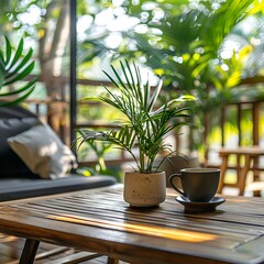 Interior design of living room with rattan table, sofa, coffee cup and plants on wooden table