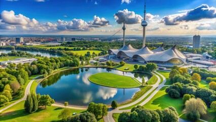 Naklejka premium Beautiful scenic view of Olympic Park in Munich, Germany , Olympic Park, Munich, Bavaria, Germany, landscape, architecture