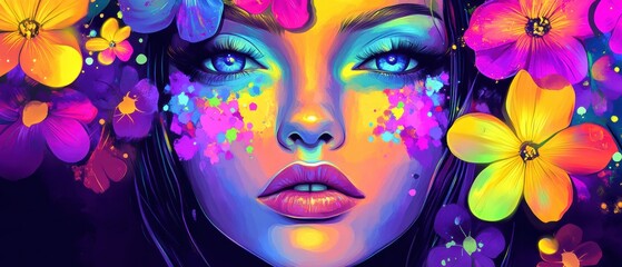 A vibrant and colorful portrait of a woman adorned with flowers, showcasing artistic expression and beauty.