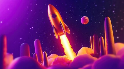 Fototapeta premium A vibrant rocket launches into space amidst colorful clouds and distant planets, symbolizing innovation and exploration.