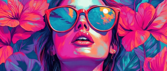 A vibrant portrait of a woman with large sunglasses against a backdrop of colorful flowers.