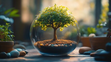 A small tree growing in a glass sphere, surrounded by pebbles, with other potted plants in the background.