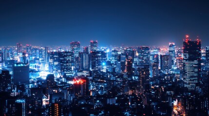 Obraz premium A panoramic view of a city skyline at night with skyscrapers illuminated by bright lights.