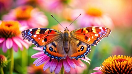 Fototapeta premium Close up photo of a colorful butterfly on a blooming flower, wildlife, nature, insect, butterfly, colorful, vibrant, close up