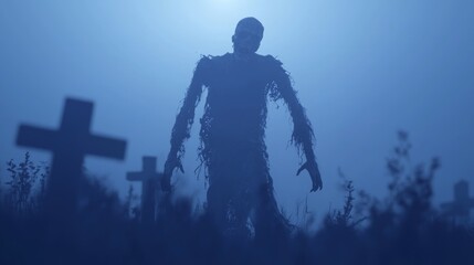 Fototapeta premium Eerie 3D Render of a Decayed Zombie Rising from Graveyard at Dusk | Ultra-Detailed Haunting Halloween Illustration