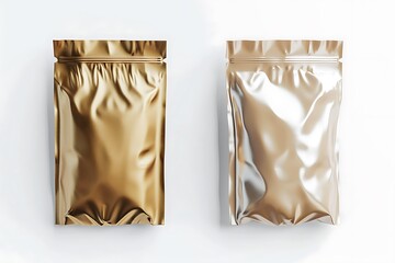 Empty foil and plastic snack bags mockup on white background