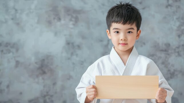 Child in karate uniform holding a wooden board, confidence, martial arts achievement - Powered by Adobe