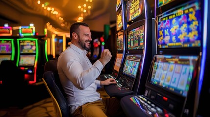 Lucky Strike: A man celebrates a win at a casino, his face beaming with excitement and joy as he pulls the lever on a slot machine.