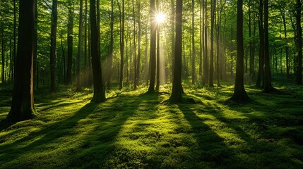 Obraz premium Sunlight Beams in Lush Green Forest Landscape