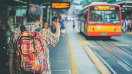 Obraz premium Final Journey: Elderly man with a backpack standing on a city street, signaling a bus with a solemn expression, travel concept