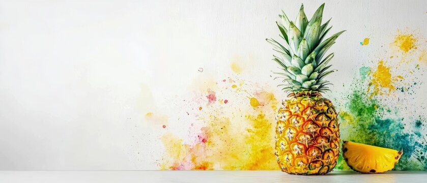 Fresh pineapple with a splash of vibrant colors against a white background, ideal for tropical-themed designs.
