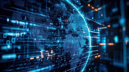 Fototapeta premium Futuristic digital graphic representation of Earth with neon data streams and global connectivity.