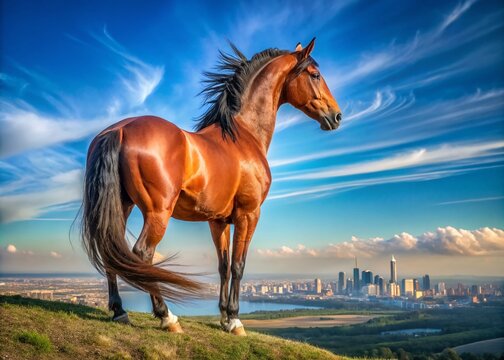 Candid Shot of Bashkir Horse Silhouette Against Blue Skyline