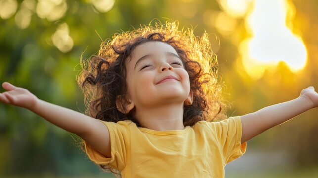 Child with arms outstretched in a park, joyful, confidence, freedom