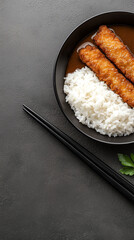 Plate of rice with crispy fish fillets.