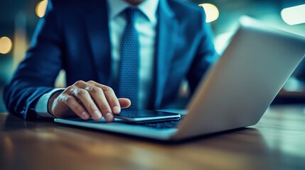 Businessman Working Late: A close-up of a businessman's hands, meticulously working on a laptop in a dimly lit office setting.