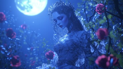 Gothic Elegance: Stunning 3D Render of a Vintage Vampire in Moonlit Garden