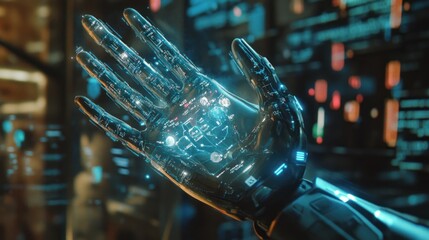 A futuristic robotic hand with glowing blue lights and a complex internal mechanism, set against a blurry background of glowing screens and data.
