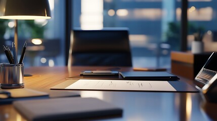 Blank notepad with pen on wooden table in office