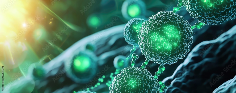 Poster microscopic view of glowing green cells with a blurred background.