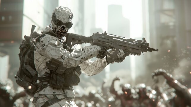 Intense Zombie Hunter Confronting Undead in a Futuristic Cityscape - 3D Rendered Illustration with High Detail
