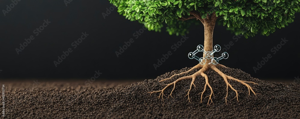 Aufkleber Tree with roots and soil on a dark background.