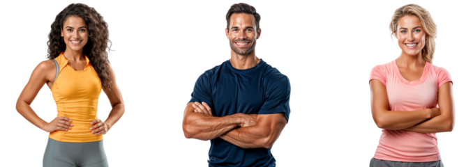 Smiling group of fitness models wearing workout clothes, isolated on transparent background