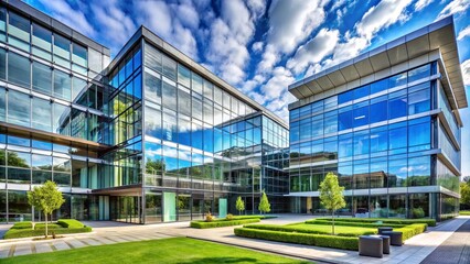 Obraz premium Contemporary Corporate Architecture Reflecting the Sky and Lush Greenery