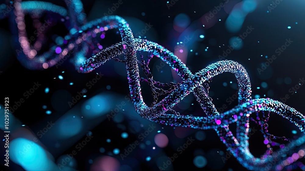 Aufkleber colorful dna strand on dark background with beautiful bokeh effects.