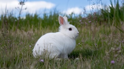 A White Rabbit Sitting in a Field of Green Grass and Pink Flowers