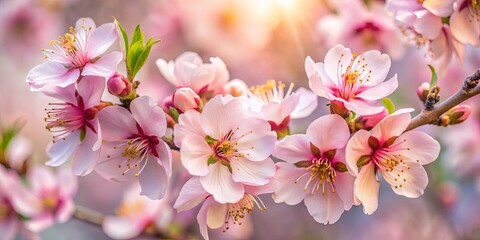Obraz premium Delicate pink blossoms, bathed in the soft glow of sunlight, create a symphony of color and fragrance.