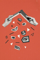 Vertical photo collage of hand hold book creepy horror plot novel body parts element eyes mouth...