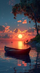 Obraz premium Sunset over a Calm Lake with a Boat
