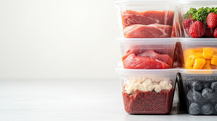 Healthy meal prep containers filled with protein rich foods like meat, fruits, and vegetables. These containers are perfect for organizing nutritious meals for week ahead