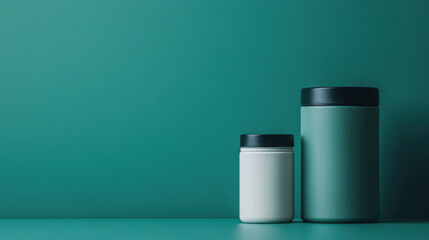 Fototapeta premium Minimalist containers in varying sizes against teal background create serene and modern aesthetic. Perfect for showcasing products or branding