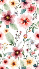 Delicate watercolor floral pattern, seamless illustration with abstract flowers, plants and leaves for textile, wallpapers or decoration texture on white background isolated with white highlights, p