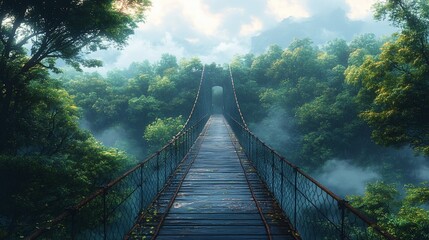 Obraz premium A serene suspension bridge surrounded by lush greenery and misty mountains.