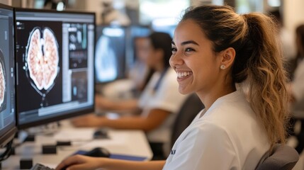AI-enhanced medical curriculum, students and residents collaborating in a high-tech environment, personalized learning, Schools  Residency  AI