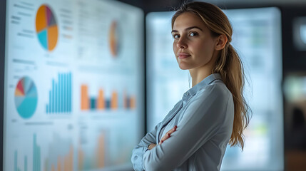 A woman stands in front of a wall of graphs and charts