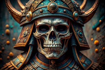 Fototapeta premium Captivating Macro Photography of a Samurai Skull with Intricate Details and Textures