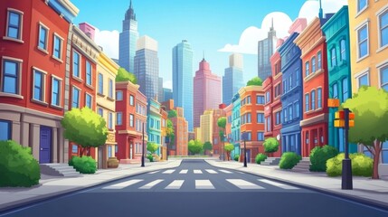 Cartoon illustration street city lined colorful buildings both Typical