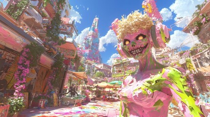 Fototapeta premium Playful Zombie Artist: Lively Market Painting | 3D Rendered Ultra-Detailed Illustration