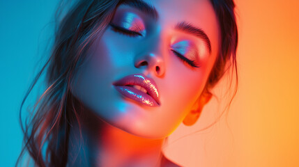 high fashion model woman in colorful bright neon lights