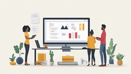 Three diverse colleagues stand around a large computer screen displaying a chart of data.