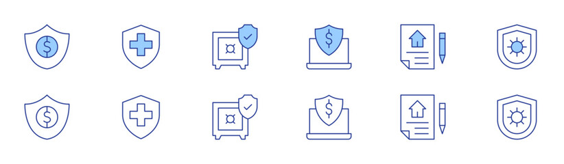 Insurance icon set in two styles, Duotone and Thin Line style. Editable stroke. protection, insurance, medical insurance, safe box, coronavirus