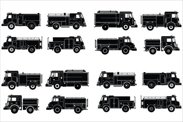 Set fire truck silhouettes vector illustrations. Fire truck silhouettes vector collection. Black silhouette of a fire truck vector.  Vector fire truck silhouettes. Emergency vehicle silhouettes vector
